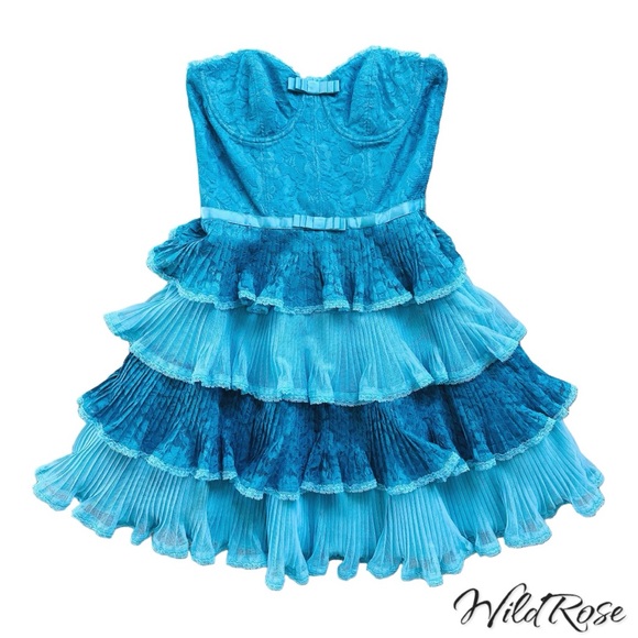 Betsey Johnson Dresses & Skirts - BETSEY JOHNSON TEAL BLUE TIERED LACE RUFFLE STRAPLESS CORSET MINI DRESS SZ 4
